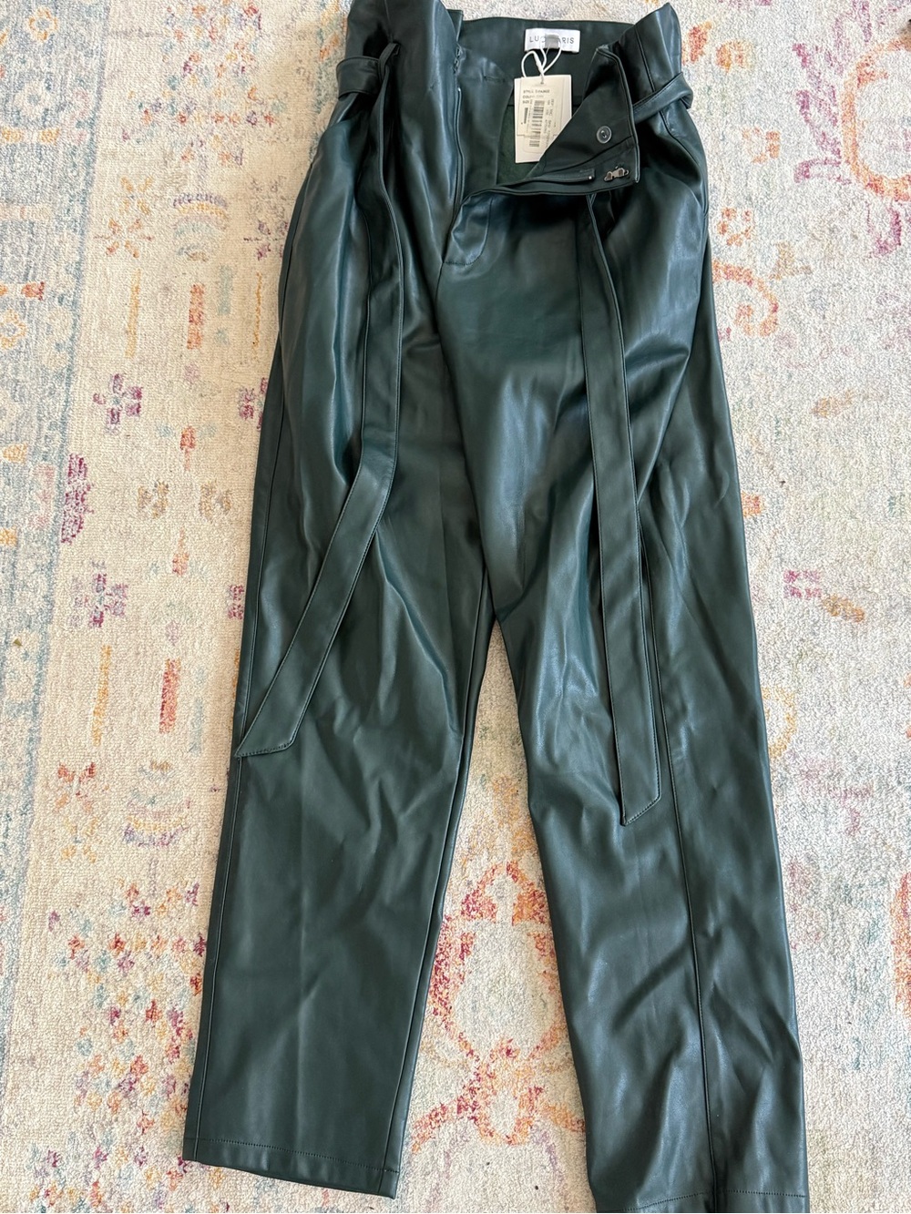 Faux Leather High-Waist Pants - Dark Green